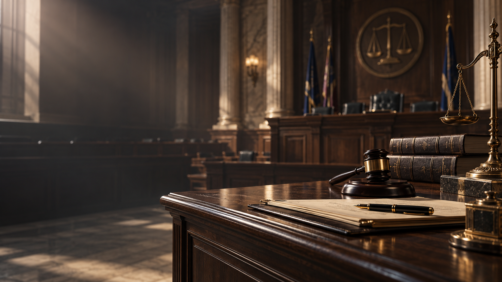 Ambiente jurídico clássico com mesa de advocacia e tribunal ao fundo